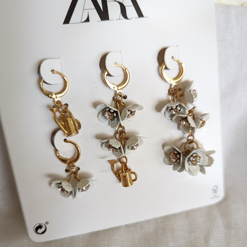 ZARA flower and watering pot modular drop earrings white gold NWT